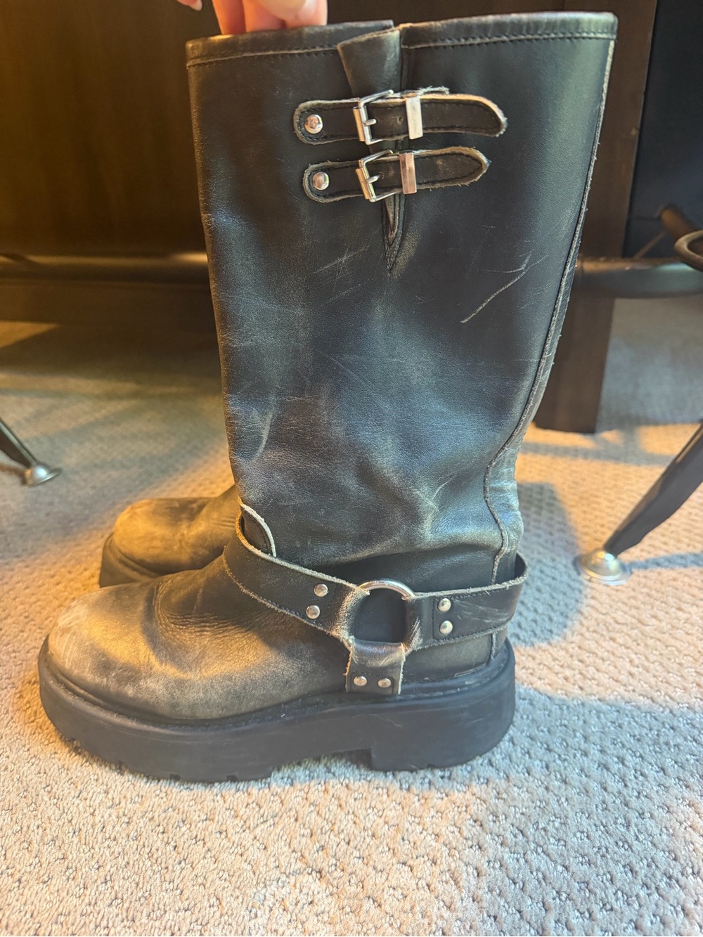 Steve Madden Black Leather Mid-Calf Harness Boots with Silver Buckles